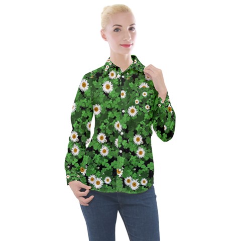 Daisies Clovers Lawn Digital Drawing Background Women s Long Sleeve Pocket Shirt by Ravend