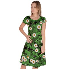 Daisies Clovers Lawn Digital Drawing Background Classic Short Sleeve Dress by Ravend