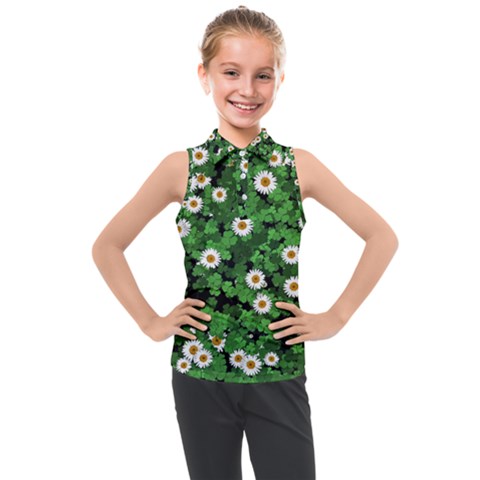 Daisies Clovers Lawn Digital Drawing Background Kids  Sleeveless Polo T-shirt by Ravend