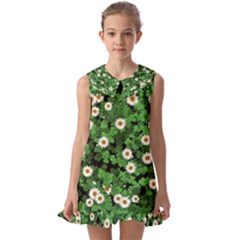 Daisies Clovers Lawn Digital Drawing Background Kids  Pilgrim Collar Ruffle Hem Dress by Ravend