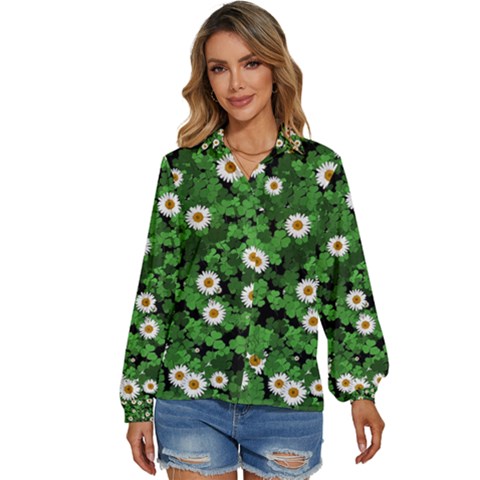 Daisies Clovers Lawn Digital Drawing Background Women s Long Sleeve Button Up Shirt by Ravend