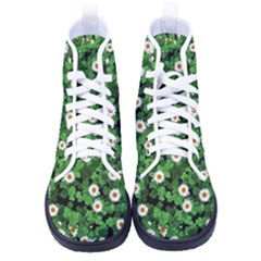 Daisies Clovers Lawn Digital Drawing Background Kid s High-top Canvas Sneakers by Ravend