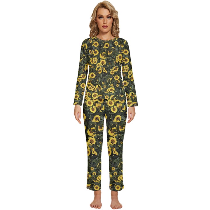 Sunflowers Yellow Flowers Flowers Digital Drawing Womens  Long Sleeve Lightweight Pajamas Set