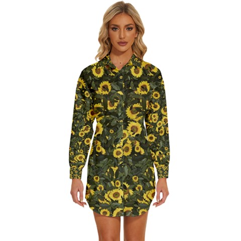 Sunflowers Yellow Flowers Flowers Digital Drawing Womens Long Sleeve Shirt Dress by Ravend