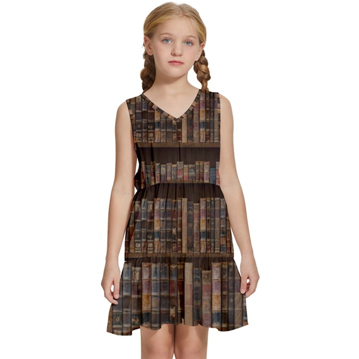 Old Bookshelf Orderly Antique Books Kids  Sleeveless Tiered Mini Dress