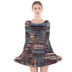 Pile Of Books Photo Of Assorted Book Lot Backyard Antique Store Long Sleeve Velvet Skater Dress by Ravend