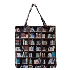 Book Collection In Brown Wooden Bookcases Books Bookshelf Library Grocery Tote Bag by Ravend