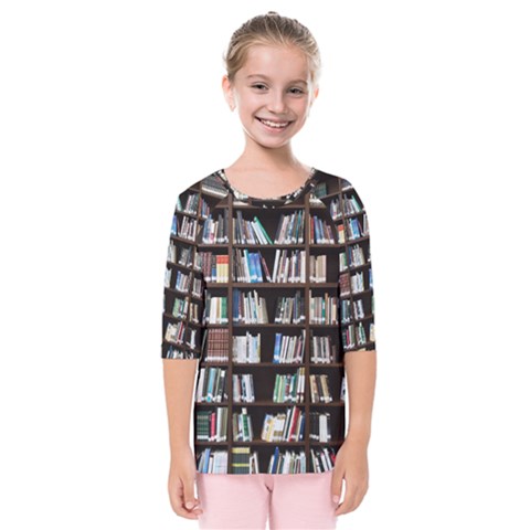 Book Collection In Brown Wooden Bookcases Books Bookshelf Library Kids  Quarter Sleeve Raglan T-shirt by Ravend