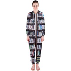 Book Collection In Brown Wooden Bookcases Books Bookshelf Library Hooded Jumpsuit (ladies)