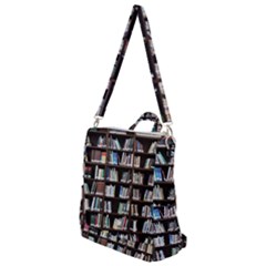 Book Collection In Brown Wooden Bookcases Books Bookshelf Library Crossbody Backpack by Ravend