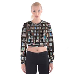 Book Collection In Brown Wooden Bookcases Books Bookshelf Library Cropped Sweatshirt