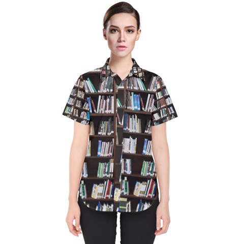 Book Collection In Brown Wooden Bookcases Books Bookshelf Library Women s Short Sleeve Shirt by Ravend