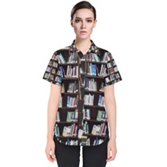 Book Collection In Brown Wooden Bookcases Books Bookshelf Library Women s Short Sleeve Shirt