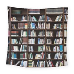 Book Collection In Brown Wooden Bookcases Books Bookshelf Library Square Tapestry (large) by Ravend