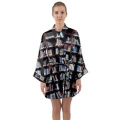 Book Collection In Brown Wooden Bookcases Books Bookshelf Library Long Sleeve Satin Kimono by Ravend