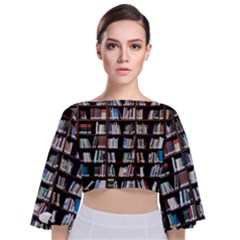 Book Collection In Brown Wooden Bookcases Books Bookshelf Library Tie Back Butterfly Sleeve Chiffon Top by Ravend