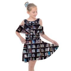 Book Collection In Brown Wooden Bookcases Books Bookshelf Library Kids  Shoulder Cutout Chiffon Dress by Ravend