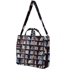 Book Collection In Brown Wooden Bookcases Books Bookshelf Library Square Shoulder Tote Bag by Ravend