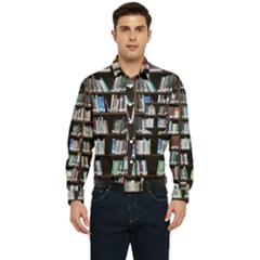 Book Collection In Brown Wooden Bookcases Books Bookshelf Library Men s Long Sleeve Pocket Shirt  by Ravend