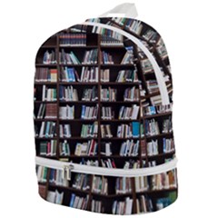 Book Collection In Brown Wooden Bookcases Books Bookshelf Library Zip Bottom Backpack by Ravend