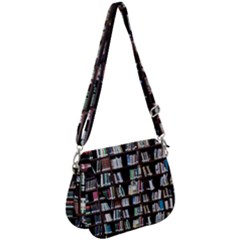 Book Collection In Brown Wooden Bookcases Books Bookshelf Library Saddle Handbag by Ravend