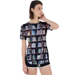 Book Collection In Brown Wooden Bookcases Books Bookshelf Library Perpetual Short Sleeve T-shirt by Ravend