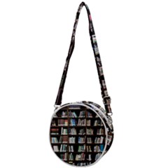 Book Collection In Brown Wooden Bookcases Books Bookshelf Library Crossbody Circle Bag by Ravend