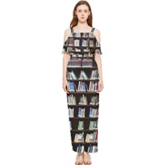 Book Collection In Brown Wooden Bookcases Books Bookshelf Library Draped Sleeveless Chiffon Jumpsuit by Ravend