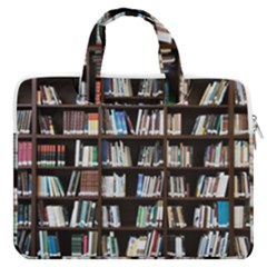 Book Collection In Brown Wooden Bookcases Books Bookshelf Library Macbook Pro 13  Double Pocket Laptop Bag by Ravend