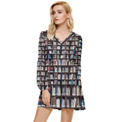 Book Collection In Brown Wooden Bookcases Books Bookshelf Library Tiered Long Sleeve Mini Dress by Ravend