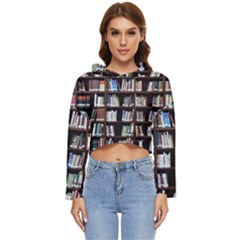 Book Collection In Brown Wooden Bookcases Books Bookshelf Library Women s Lightweight Cropped Hoodie by Ravend