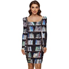 Book Collection In Brown Wooden Bookcases Books Bookshelf Library Women Long Sleeve Ruched Stretch Jersey Dress by Ravend