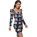 Book Collection In Brown Wooden Bookcases Books Bookshelf Library Women Long Sleeve Ruched Stretch Jersey Dress View2