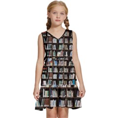 Book Collection In Brown Wooden Bookcases Books Bookshelf Library Kids  Sleeveless Tiered Mini Dress by Ravend