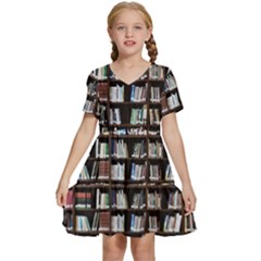 Book Collection In Brown Wooden Bookcases Books Bookshelf Library Kids  Short Sleeve Tiered Mini Dress by Ravend