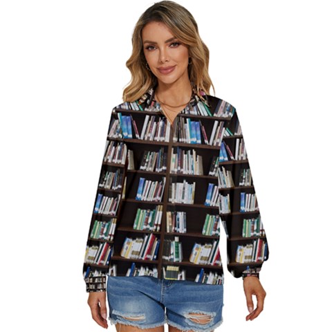 Book Collection In Brown Wooden Bookcases Books Bookshelf Library Women s Long Sleeve Button Up Shirt by Ravend