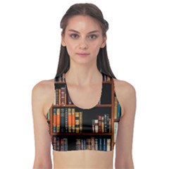 Assorted Title Of Books Piled In The Shelves Assorted Book Lot Inside The Wooden Shelf Fitness Sports Bra by Ravend