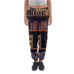 Assorted Title Of Books Piled In The Shelves Assorted Book Lot Inside The Wooden Shelf Women s Jogger Sweatpants by Ravend