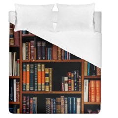 Assorted Title Of Books Piled In The Shelves Assorted Book Lot Inside The Wooden Shelf Duvet Cover (queen Size) by Ravend