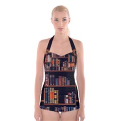 Assorted Title Of Books Piled In The Shelves Assorted Book Lot Inside The Wooden Shelf Boyleg Halter Swimsuit  by Ravend