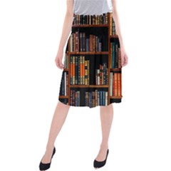 Assorted Title Of Books Piled In The Shelves Assorted Book Lot Inside The Wooden Shelf Midi Beach Skirt by Ravend