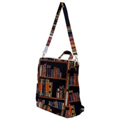 Assorted Title Of Books Piled In The Shelves Assorted Book Lot Inside The Wooden Shelf Crossbody Backpack by Ravend