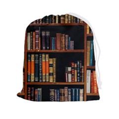 Assorted Title Of Books Piled In The Shelves Assorted Book Lot Inside The Wooden Shelf Drawstring Pouch (2xl) by Ravend