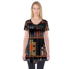 Assorted Title Of Books Piled In The Shelves Assorted Book Lot Inside The Wooden Shelf Short Sleeve Tunic  by Ravend