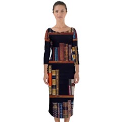 Assorted Title Of Books Piled In The Shelves Assorted Book Lot Inside The Wooden Shelf Quarter Sleeve Midi Bodycon Dress by Ravend