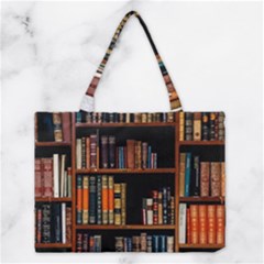 Assorted Title Of Books Piled In The Shelves Assorted Book Lot Inside The Wooden Shelf Medium Tote Bag by Ravend