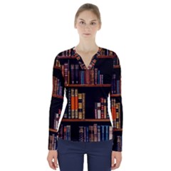 Assorted Title Of Books Piled In The Shelves Assorted Book Lot Inside The Wooden Shelf V-neck Long Sleeve Top by Ravend