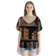 Assorted Title Of Books Piled In The Shelves Assorted Book Lot Inside The Wooden Shelf V-neck Flutter Sleeve Top by Ravend