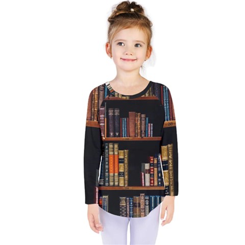 Assorted Title Of Books Piled In The Shelves Assorted Book Lot Inside The Wooden Shelf Kids  Long Sleeve T-shirt by Ravend