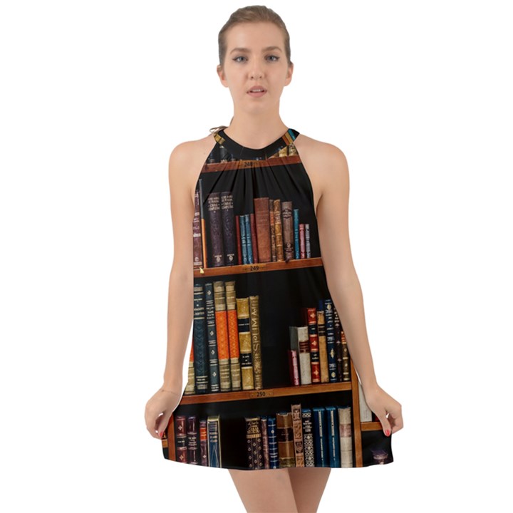 Assorted Title Of Books Piled In The Shelves Assorted Book Lot Inside The Wooden Shelf Halter Tie Back Chiffon Dress